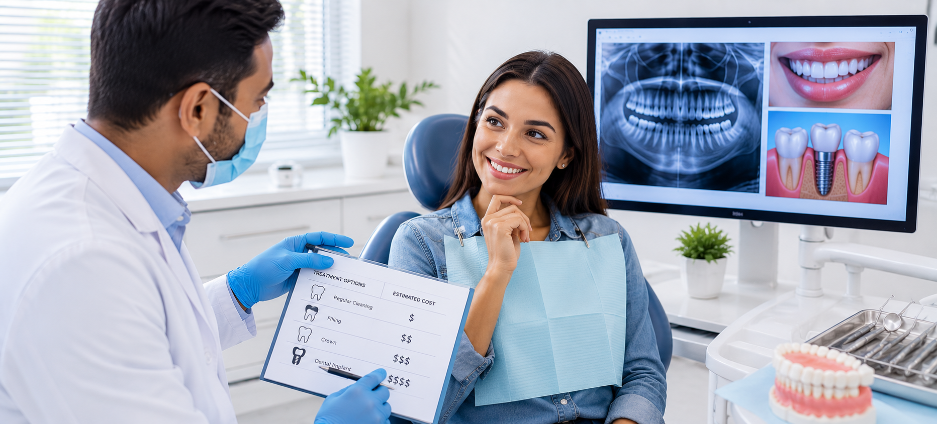 Dentist explaining affordable dental treatment options and treatment planning.